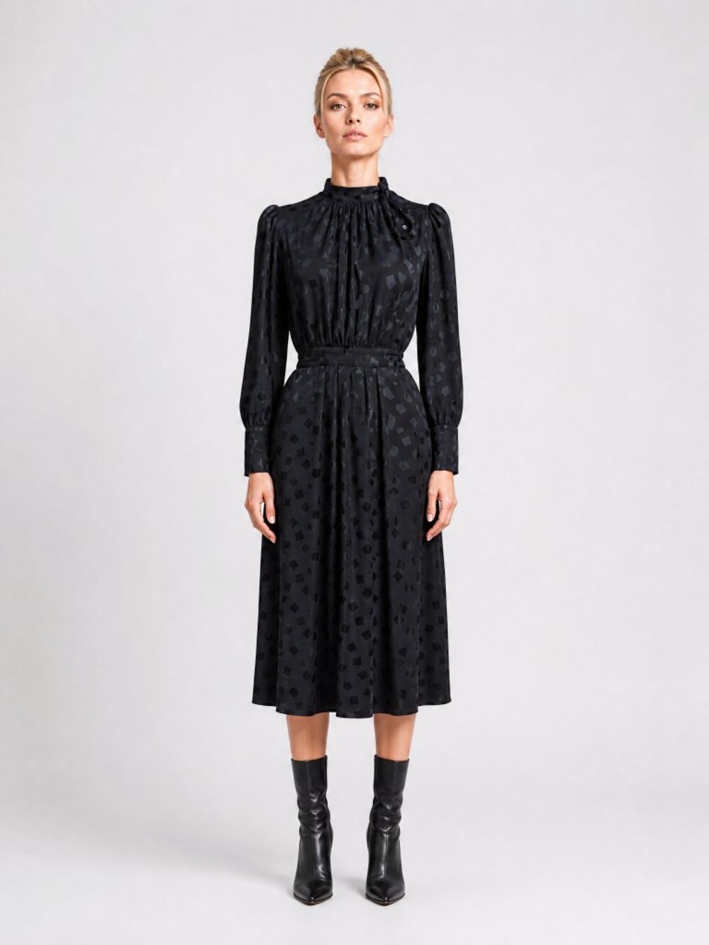 Vintage 80's 100% Silk Black Puff Sleeve Midi Dress Stanley Sherman Midi Dress 8